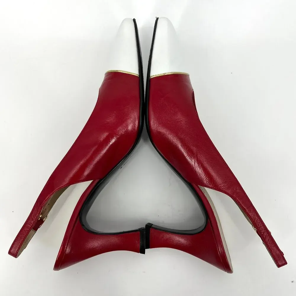 St. John Italy Red White Leather Slingback Heels Shoes Size 8 with Box dust bag